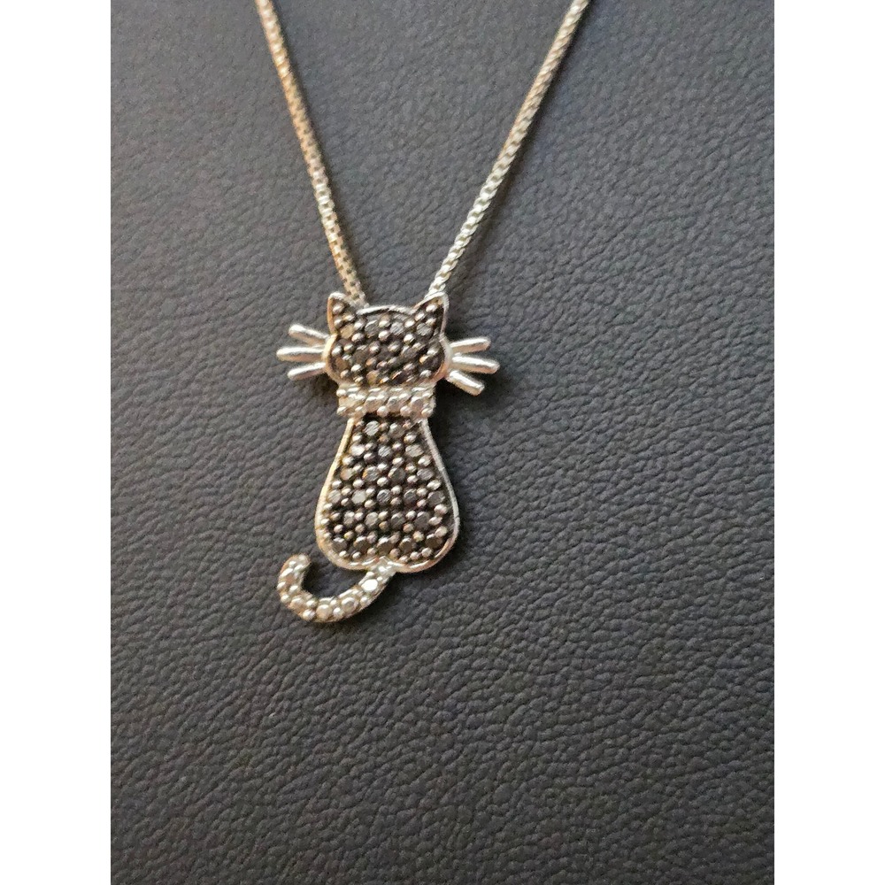 Sterling Silver Pave Black White Cubic Zirconia Cat Necklace Vintage